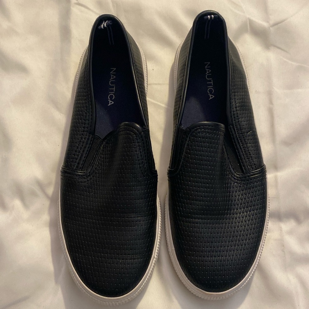 Nautical Black Leather Slip On Sneakers